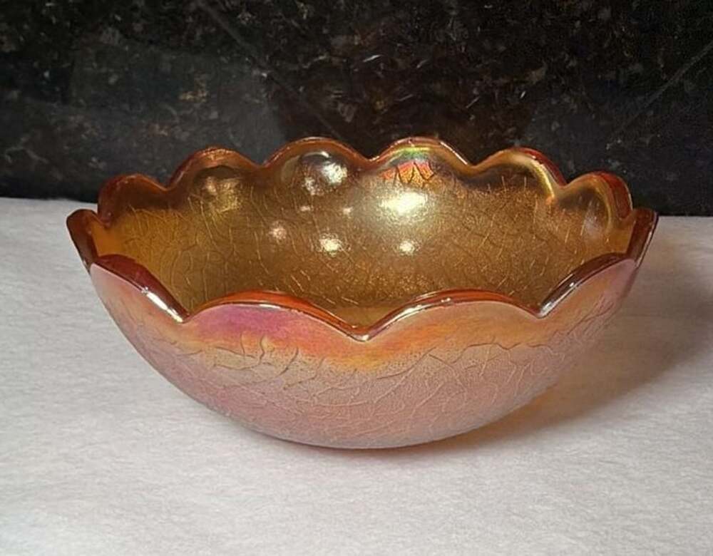 Jeannette Crackle Style Marigold Carnival Glass Iridescent Scalloped Bowl